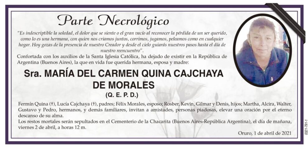 Parte Necrológico de María del Carmen Quina Cajchaya de Morales
