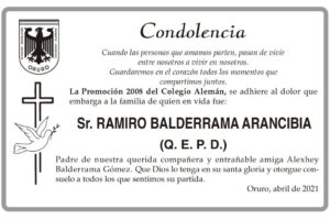 Condolencia por el fallecimiento del Sr. Ramiro Balderrama Arancibia