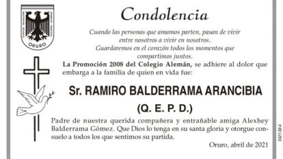 Condolencia por el fallecimiento del Sr. Ramiro Balderrama Arancibia