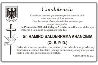 Condolencia por el fallecimiento del Sr. Ramiro Balderrama Arancibia