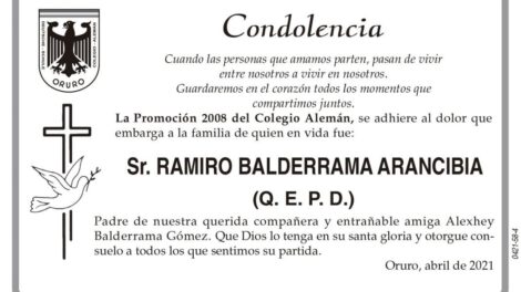 Condolencia por el fallecimiento del Sr. Ramiro Balderrama Arancibia