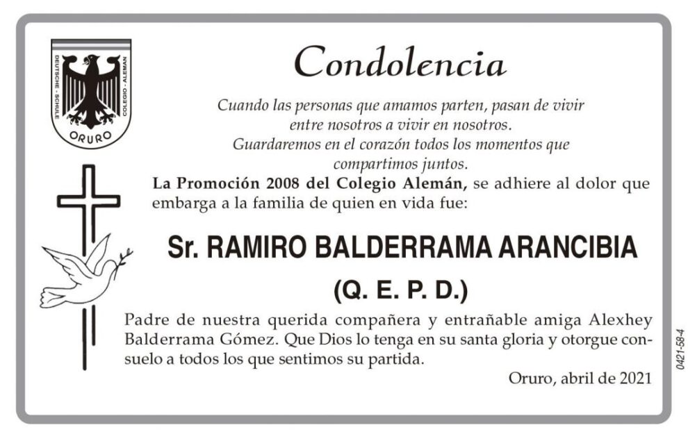 Condolencia por el fallecimiento del Sr. Ramiro Balderrama Arancibia