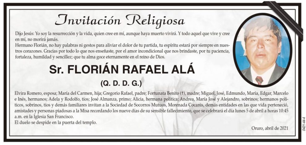 Obituario de Florián Rafael Alá