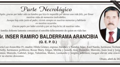 Parte Necrológico de Inser Ramiro Balderrama Arancibia