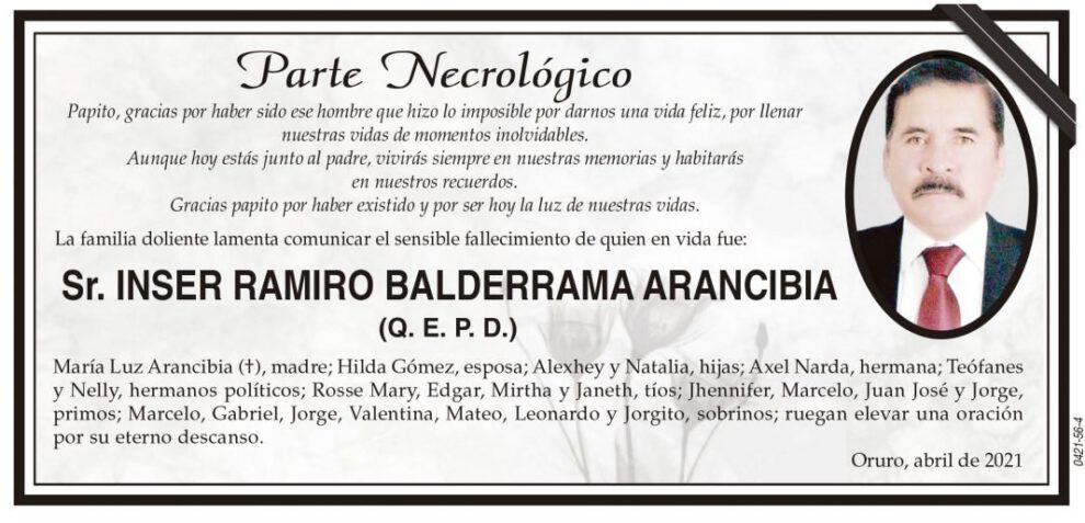 Parte Necrológico de Inser Ramiro Balderrama Arancibia