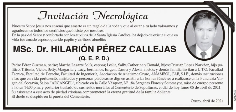 MSc. Dr. HILARIÓN PÉREZ CALLEJAS Q. E. P. D.
