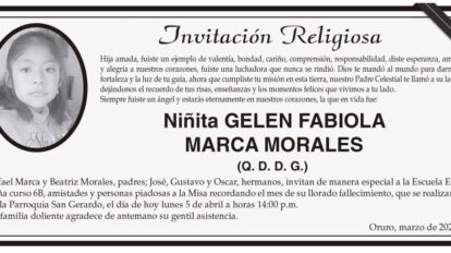 Niñita Gelen Fabiola Marca Morales, obituario y misa recordatoria