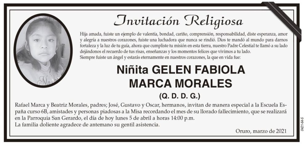 Niñita Gelen Fabiola Marca Morales, obituario y misa recordatoria