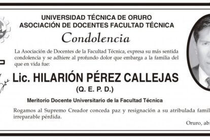 Condolencia por la pérdida del Lic. Hilarión Pérez Callejas