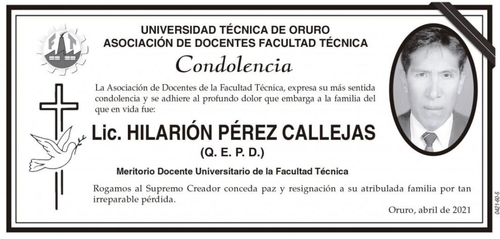 Condolencia por la pérdida del Lic. Hilarión Pérez Callejas