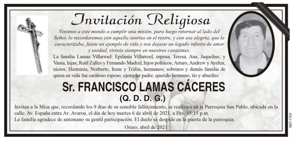 Invitación Religiosa para Francisco Lamas Cáceres