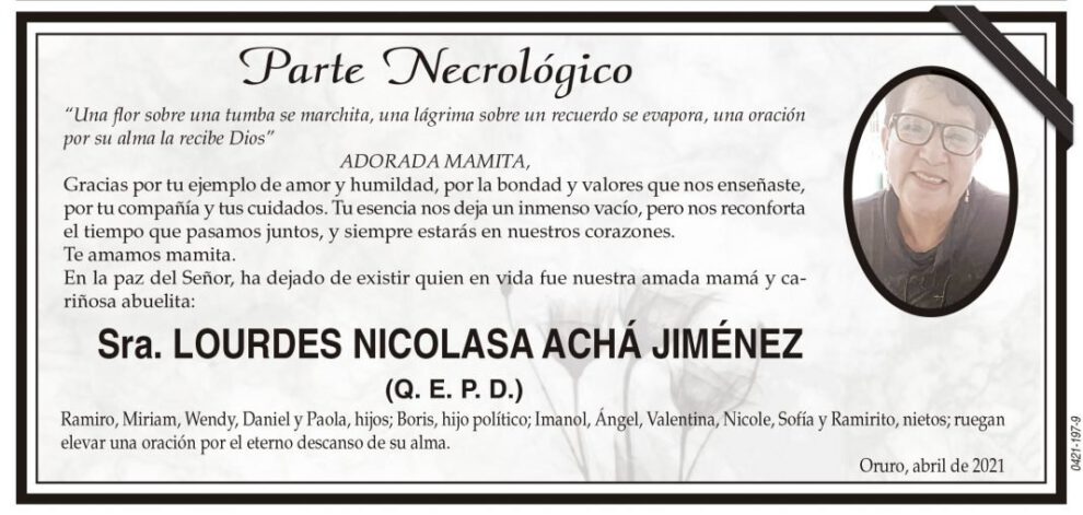 Parte Necrológico de Lourdes Nicolasa Achá Jiménez