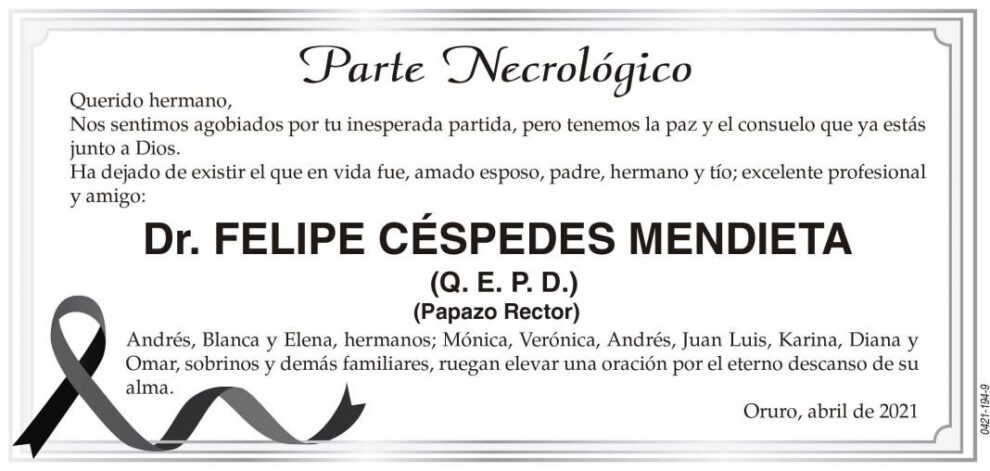 Parte Necrológico: Dr. Felipe Céspedes Mendieta