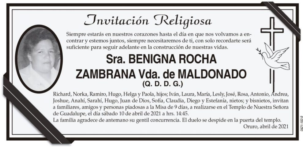 Obituario de Benigna Rocha Zambrana