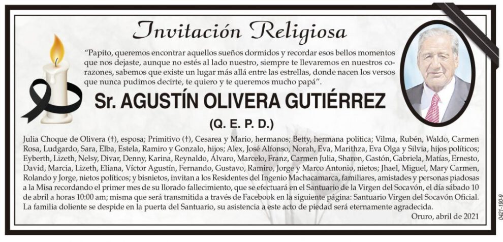 Invitación Religiosa para Agustín Olivera Gutiérrez
