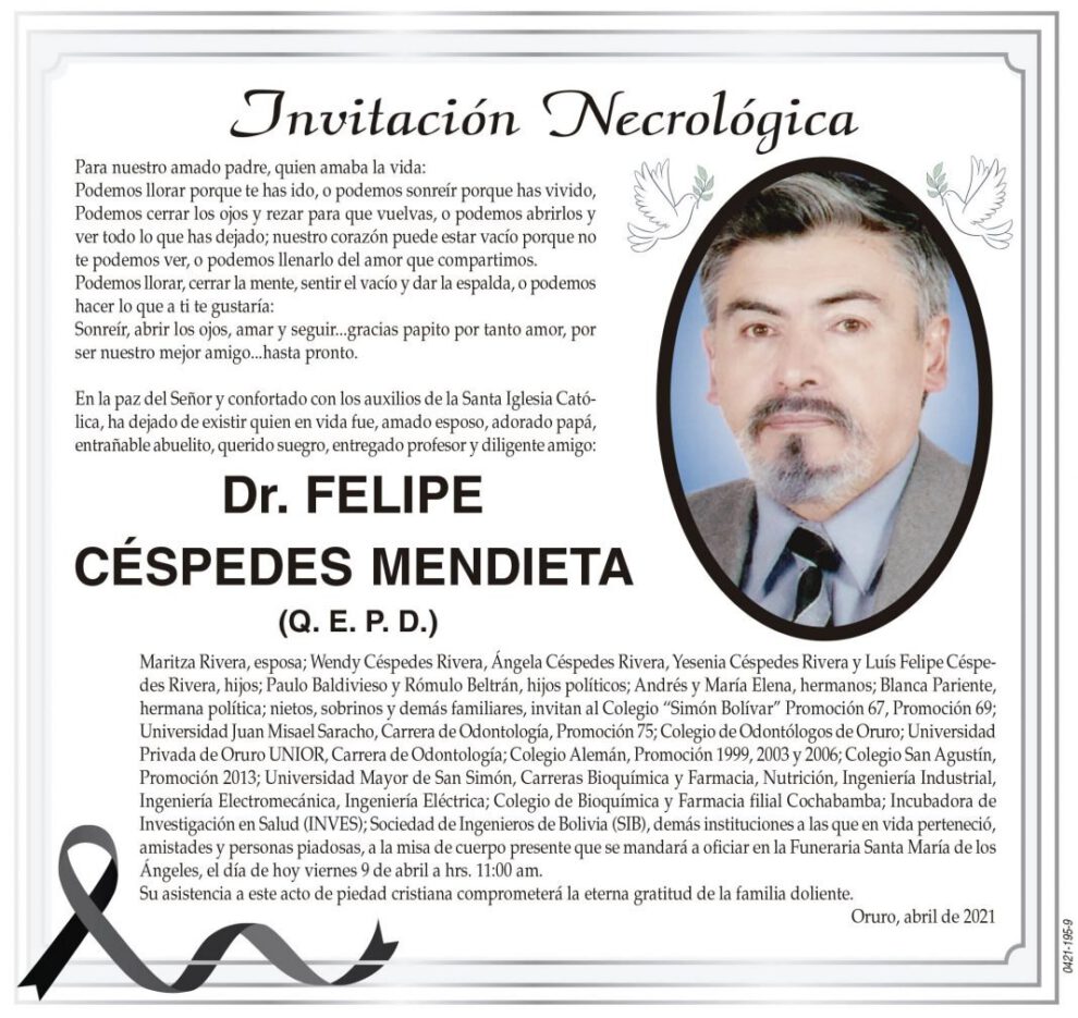 Invitación Necrológica: Dr. Felipe Céspedes Mendieta