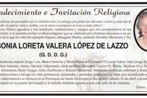 Agradecimiento e Invitación Religiosa por Sonia Loreta Valera López de Lazzo