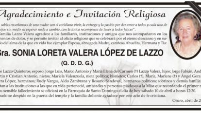 Agradecimiento e Invitación Religiosa por Sonia Loreta Valera López de Lazzo