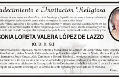 Agradecimiento e Invitación Religiosa por Sonia Loreta Valera López de Lazzo