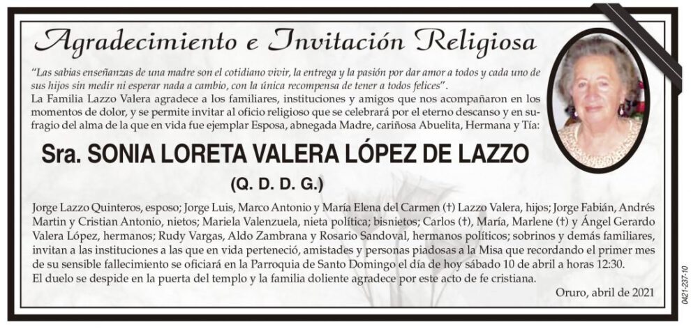 Agradecimiento e Invitación Religiosa por Sonia Loreta Valera López de Lazzo