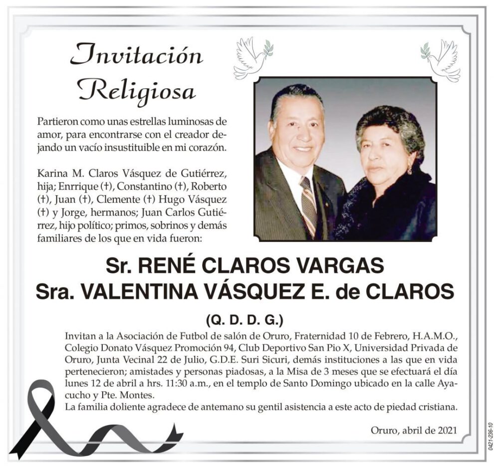 Invitación Religiosa: René Claros Vargas y Valentina Vásquez