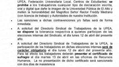 UPEA prohíbe declaraciones que dañen la imagen de la institución