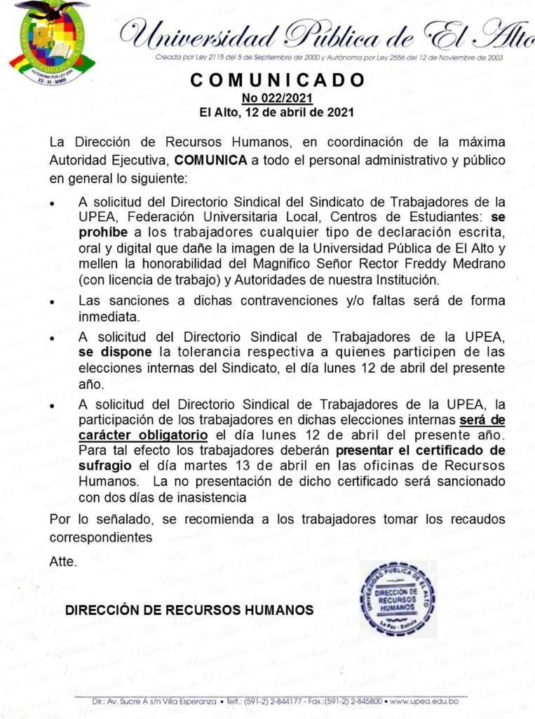 UPEA prohíbe declaraciones que dañen la imagen de la institución