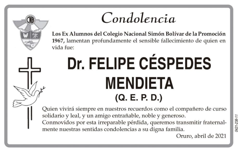 Condolencia por el fallecimiento del Dr. Felipe Céspedes Mendieta
