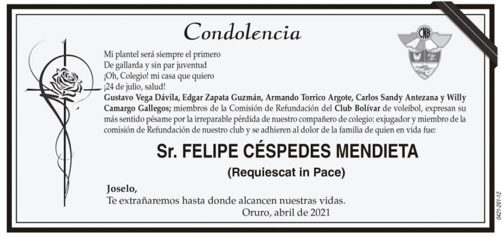 Condolencia por Felipe Céspedes Mendieta