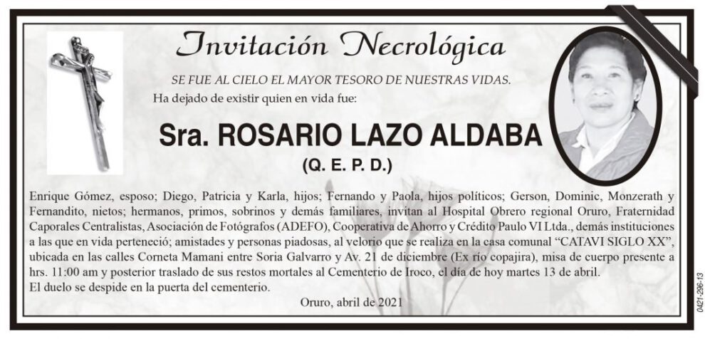 Invitación Necrológica de Rosario Lazo Aldaba