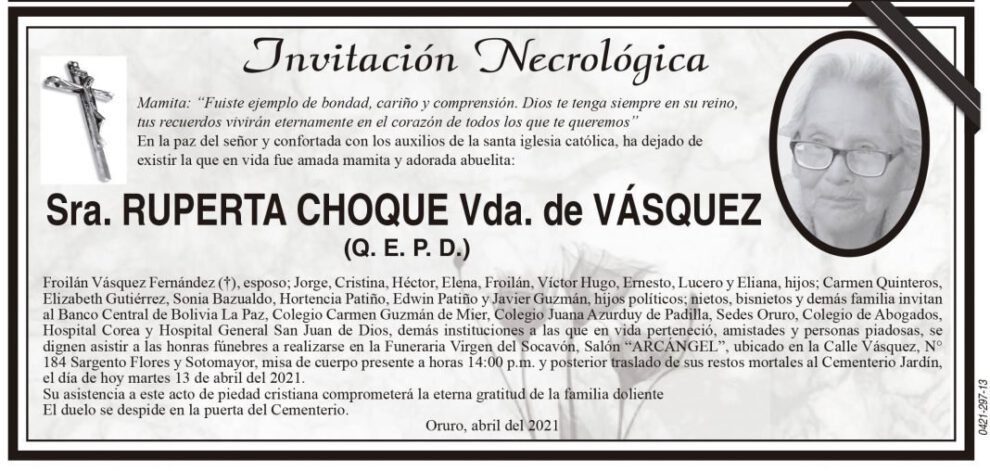 Invitación Necrológica Sra. Ruperta Choque Vda. de Vásquez