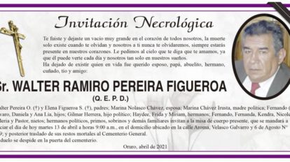 Invitación necrológica para Walter Ramiro Pereira Figueroa