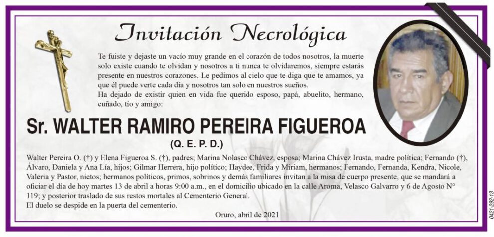 Invitación necrológica para Walter Ramiro Pereira Figueroa