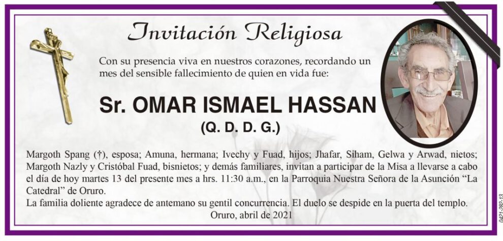 Invitación Religiosa en memoria de Omar Ismael Hassan
