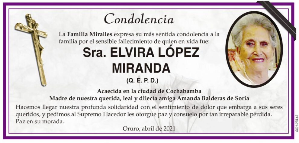 Condolencia por el fallecimiento de Elvira López Miranda