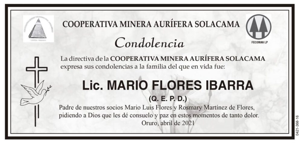 Condolencia por el fallecimiento del Lic. Mario Flores Ibarra