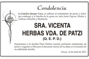 Condolencia por la Sra. Vicenta Herbas Vda. de Patzi