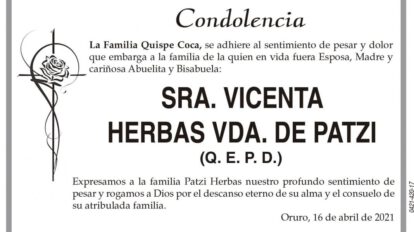 Condolencia por la Sra. Vicenta Herbas Vda. de Patzi