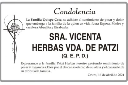 Condolencia por la Sra. Vicenta Herbas Vda. de Patzi
