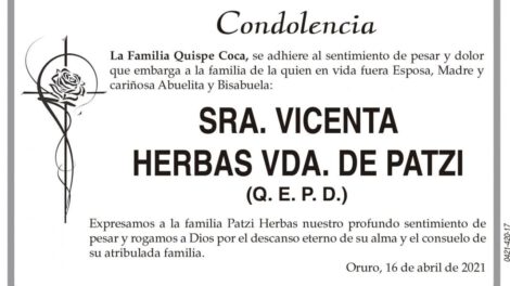 Condolencia por la Sra. Vicenta Herbas Vda. de Patzi