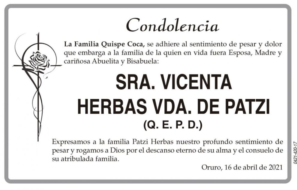 Condolencia por la Sra. Vicenta Herbas Vda. de Patzi