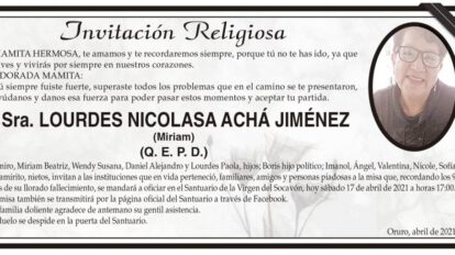 Invitación Religiosa para Lourdes Nicolasa Achá Jiménez