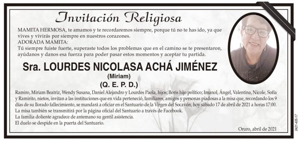 Invitación Religiosa para Lourdes Nicolasa Achá Jiménez
