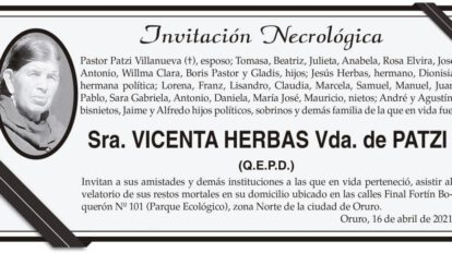Invitación Necrológica de Vicenta Herbas Vda. de Patzi