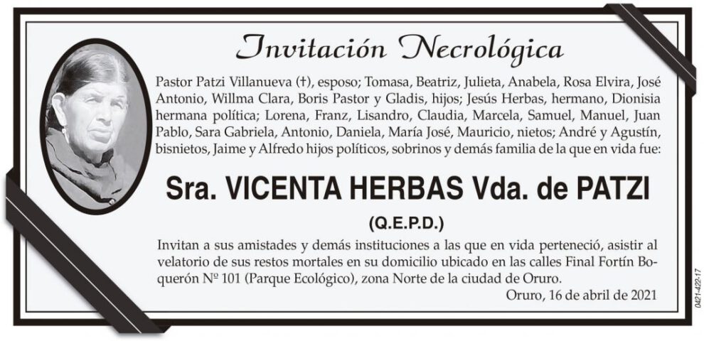 Invitación Necrológica de Vicenta Herbas Vda. de Patzi