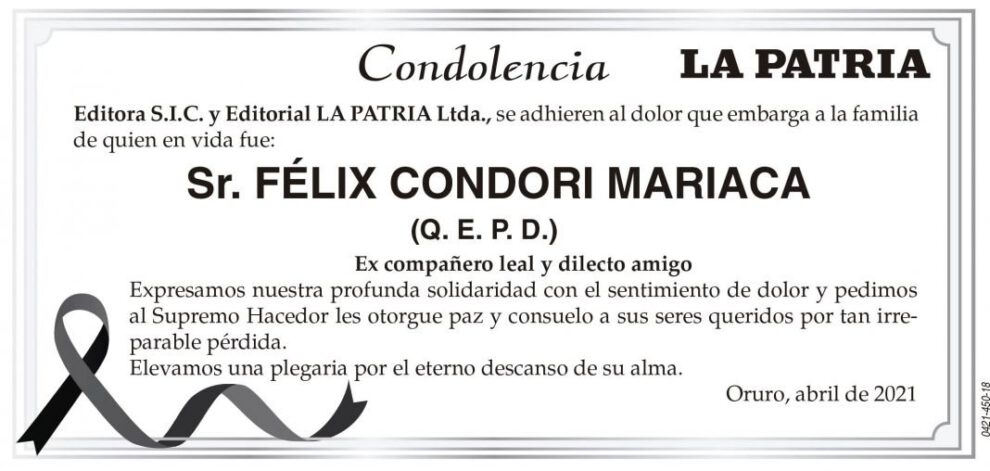 Condolencia por el fallecimiento de Félix Condori Mariaca