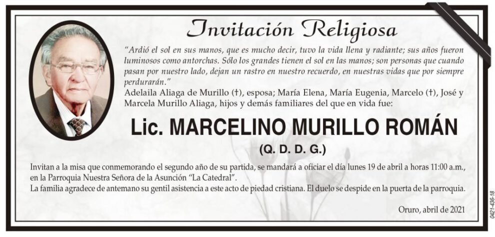 Lic. Marcelino Murillo Román, obituario y misa conmemorativa