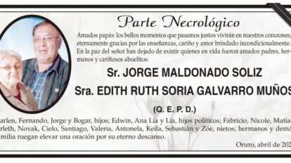 Parte Necrológico de Jorge Maldonado Soliz y Edith Ruth Soria Galvarro Muños