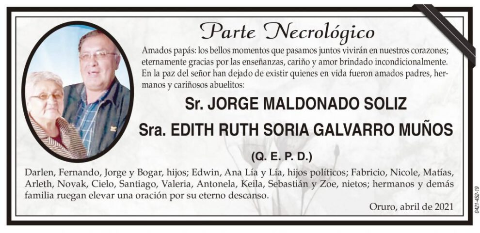 Parte Necrológico de Jorge Maldonado Soliz y Edith Ruth Soria Galvarro Muños