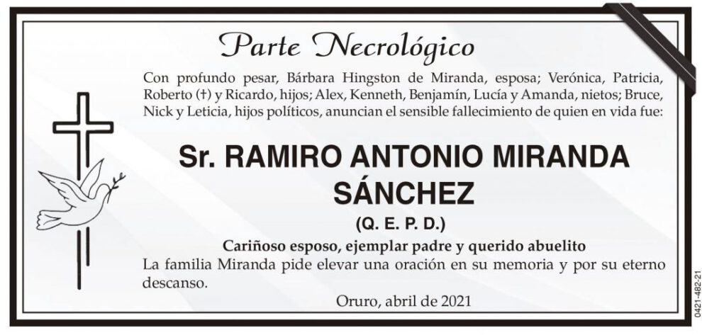 Parte Necrológico de Ramiro Antonio Miranda Sánchez